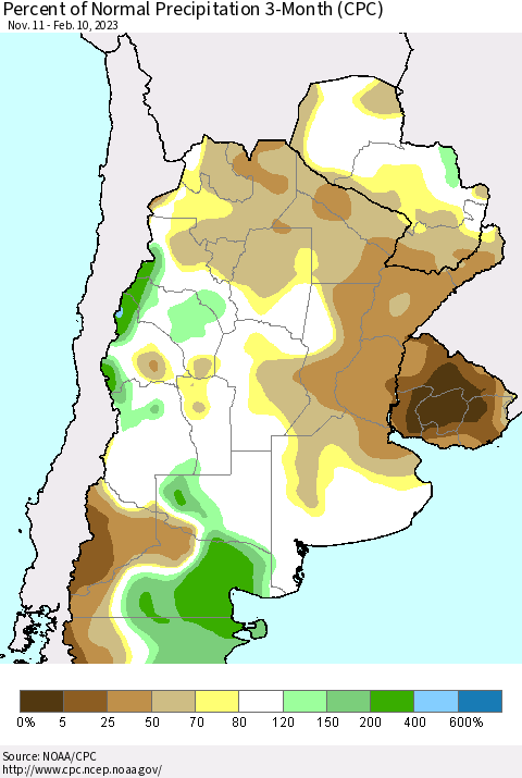 Southern South America Percent of Normal Precipitation 3-Month (CPC) Thematic Map For 11/11/2022 - 2/10/2023