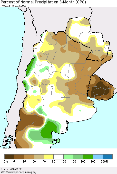 Southern South America Percent of Normal Precipitation 3-Month (CPC) Thematic Map For 11/16/2022 - 2/15/2023
