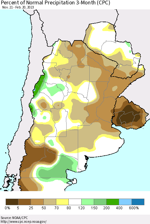 Southern South America Percent of Normal Precipitation 3-Month (CPC) Thematic Map For 11/21/2022 - 2/20/2023