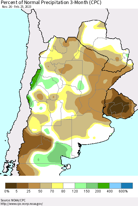 Southern South America Percent of Normal Precipitation 3-Month (CPC) Thematic Map For 11/26/2022 - 2/25/2023