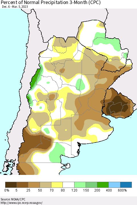 Southern South America Percent of Normal Precipitation 3-Month (CPC) Thematic Map For 12/6/2022 - 3/5/2023