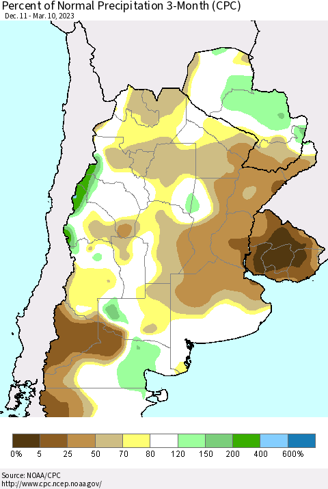 Southern South America Percent of Normal Precipitation 3-Month (CPC) Thematic Map For 12/11/2022 - 3/10/2023
