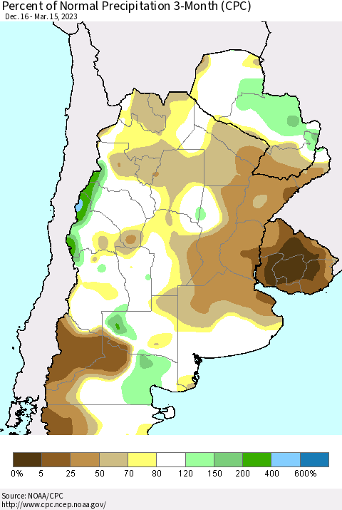 Southern South America Percent of Normal Precipitation 3-Month (CPC) Thematic Map For 12/16/2022 - 3/15/2023