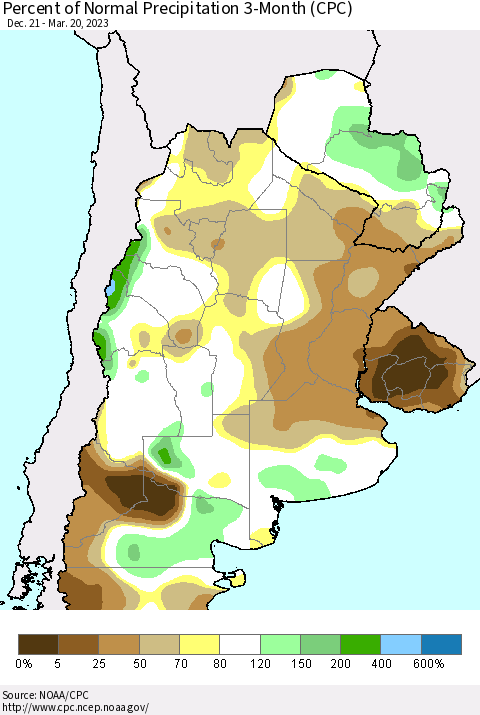 Southern South America Percent of Normal Precipitation 3-Month (CPC) Thematic Map For 12/21/2022 - 3/20/2023