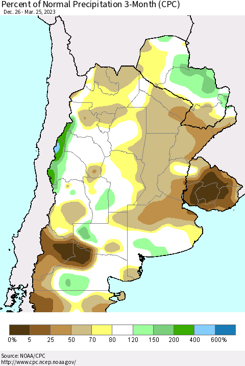 Southern South America Percent of Normal Precipitation 3-Month (CPC) Thematic Map For 12/26/2022 - 3/25/2023