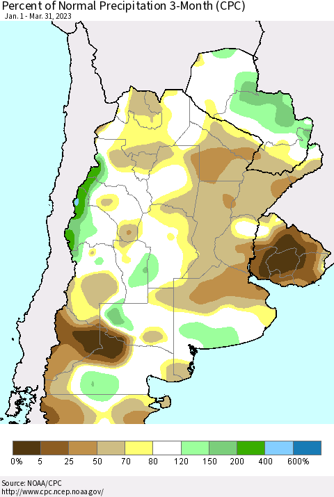 Southern South America Percent of Normal Precipitation 3-Month (CPC) Thematic Map For 1/1/2023 - 3/31/2023