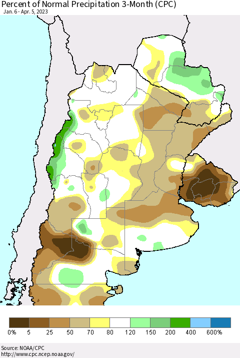 Southern South America Percent of Normal Precipitation 3-Month (CPC) Thematic Map For 1/6/2023 - 4/5/2023