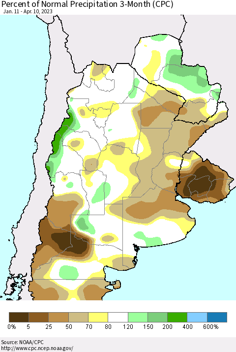 Southern South America Percent of Normal Precipitation 3-Month (CPC) Thematic Map For 1/11/2023 - 4/10/2023