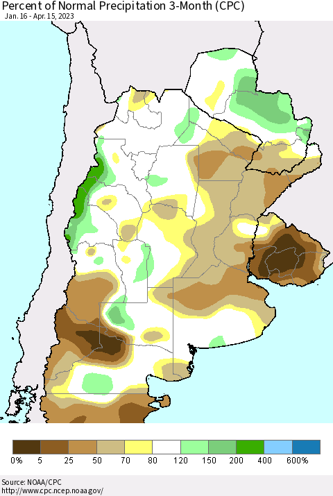 Southern South America Percent of Normal Precipitation 3-Month (CPC) Thematic Map For 1/16/2023 - 4/15/2023
