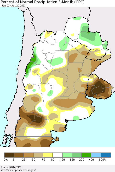 Southern South America Percent of Normal Precipitation 3-Month (CPC) Thematic Map For 1/21/2023 - 4/20/2023