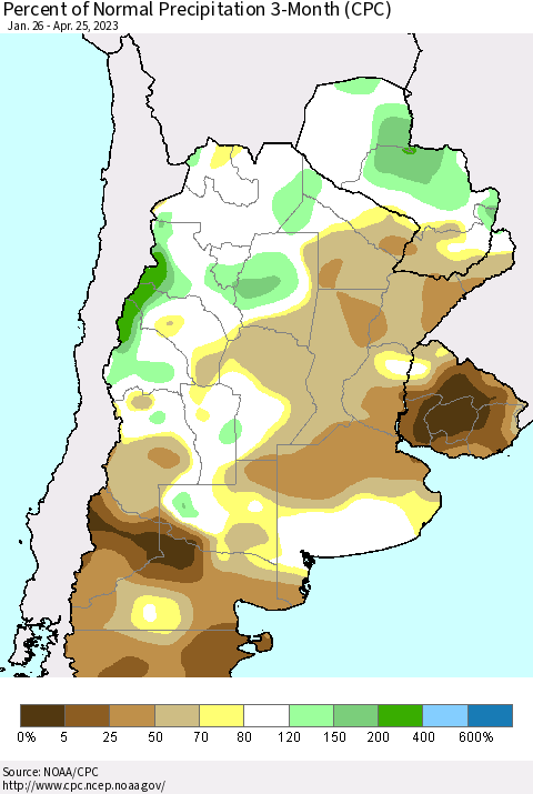 Southern South America Percent of Normal Precipitation 3-Month (CPC) Thematic Map For 1/26/2023 - 4/25/2023