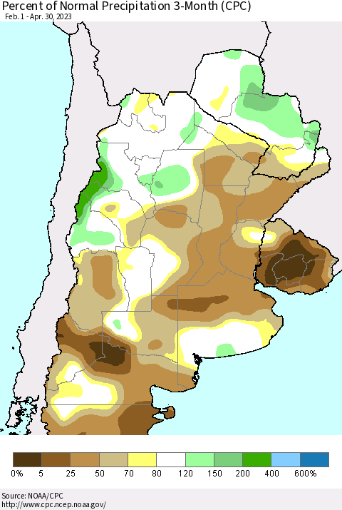 Southern South America Percent of Normal Precipitation 3-Month (CPC) Thematic Map For 2/1/2023 - 4/30/2023