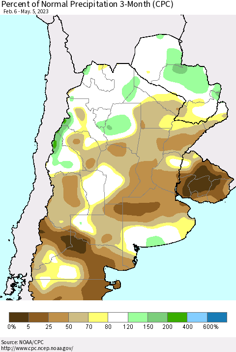 Southern South America Percent of Normal Precipitation 3-Month (CPC) Thematic Map For 2/6/2023 - 5/5/2023