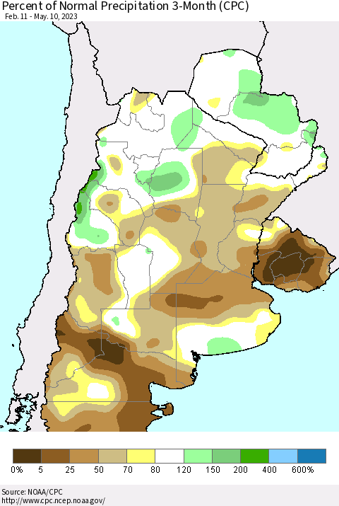 Southern South America Percent of Normal Precipitation 3-Month (CPC) Thematic Map For 2/11/2023 - 5/10/2023