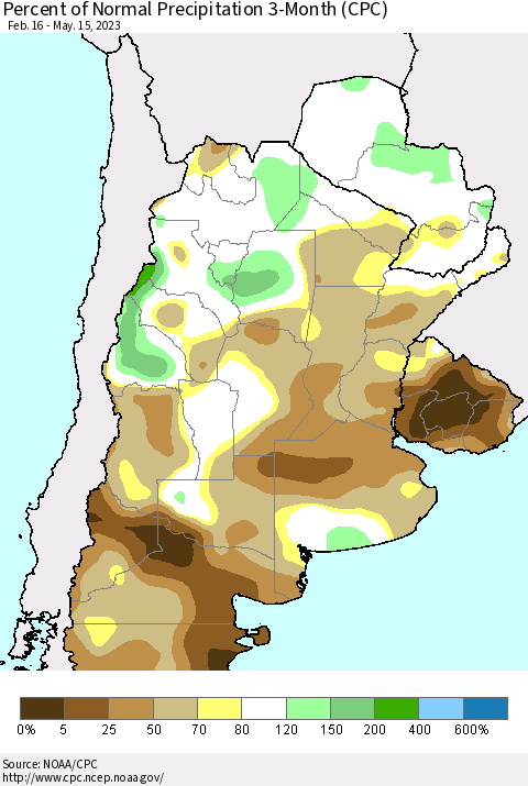 Southern South America Percent of Normal Precipitation 3-Month (CPC) Thematic Map For 2/16/2023 - 5/15/2023