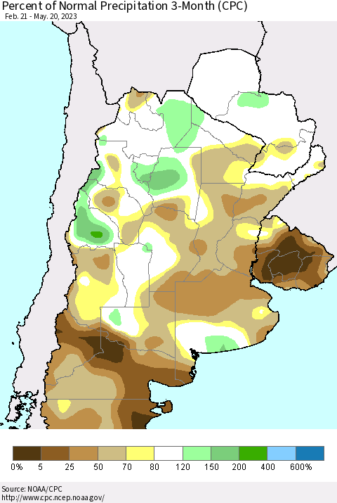 Southern South America Percent of Normal Precipitation 3-Month (CPC) Thematic Map For 2/21/2023 - 5/20/2023