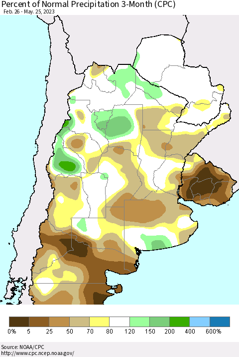 Southern South America Percent of Normal Precipitation 3-Month (CPC) Thematic Map For 2/26/2023 - 5/25/2023