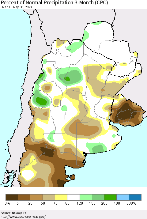 Southern South America Percent of Normal Precipitation 3-Month (CPC) Thematic Map For 3/1/2023 - 5/31/2023