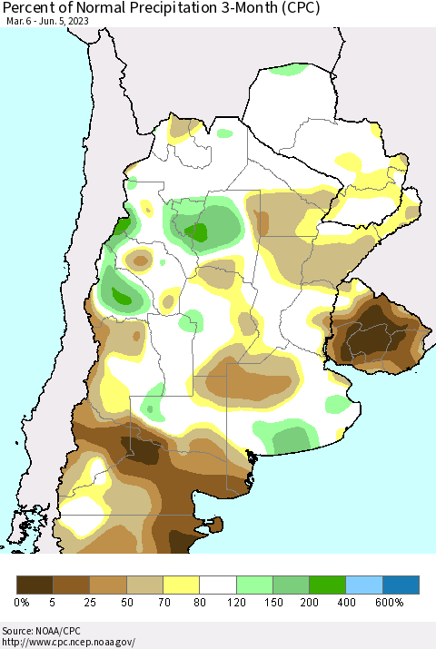 Southern South America Percent of Normal Precipitation 3-Month (CPC) Thematic Map For 3/6/2023 - 6/5/2023