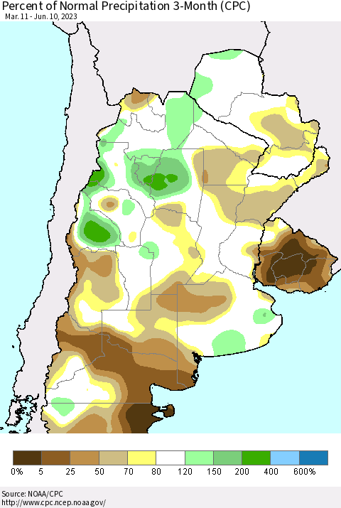 Southern South America Percent of Normal Precipitation 3-Month (CPC) Thematic Map For 3/11/2023 - 6/10/2023
