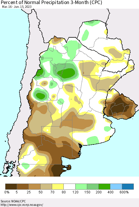 Southern South America Percent of Normal Precipitation 3-Month (CPC) Thematic Map For 3/16/2023 - 6/15/2023