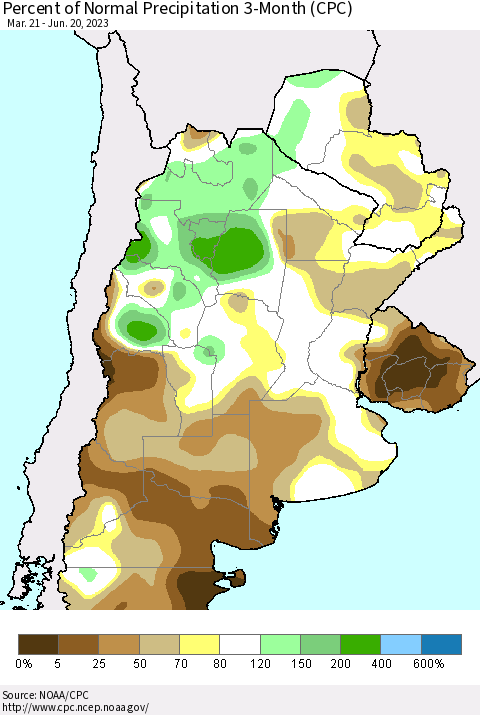 Southern South America Percent of Normal Precipitation 3-Month (CPC) Thematic Map For 3/21/2023 - 6/20/2023