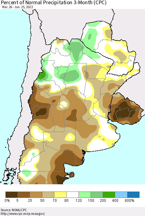 Southern South America Percent of Normal Precipitation 3-Month (CPC) Thematic Map For 3/26/2023 - 6/25/2023