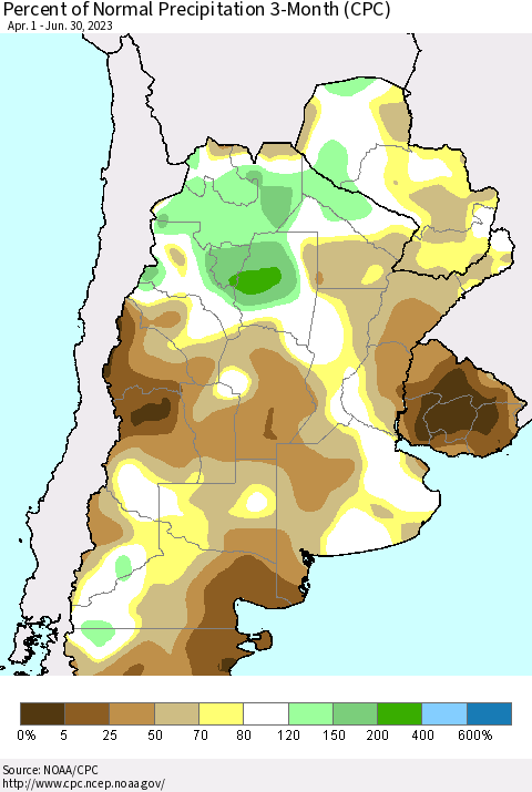 Southern South America Percent of Normal Precipitation 3-Month (CPC) Thematic Map For 4/1/2023 - 6/30/2023