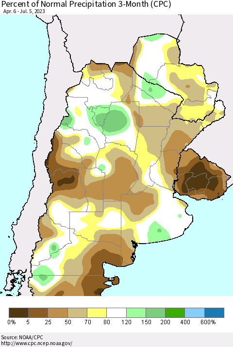 Southern South America Percent of Normal Precipitation 3-Month (CPC) Thematic Map For 4/6/2023 - 7/5/2023