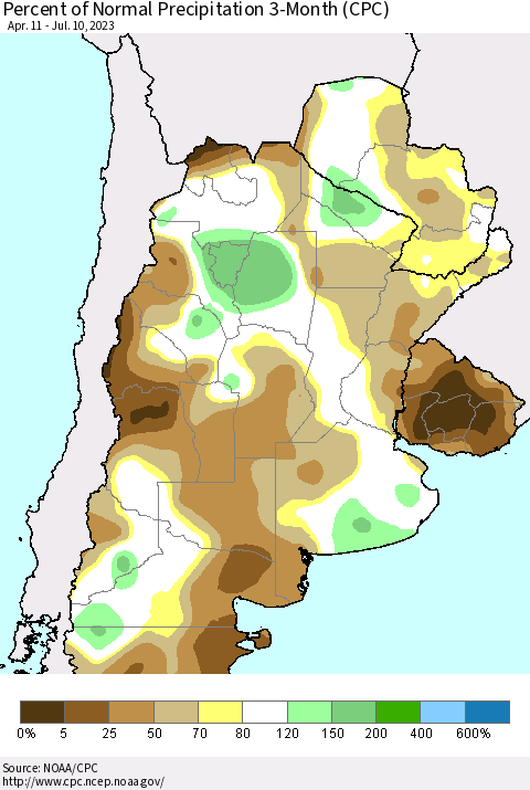Southern South America Percent of Normal Precipitation 3-Month (CPC) Thematic Map For 4/11/2023 - 7/10/2023