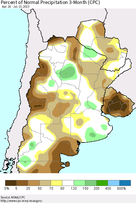 Southern South America Percent of Normal Precipitation 3-Month (CPC) Thematic Map For 4/16/2023 - 7/15/2023