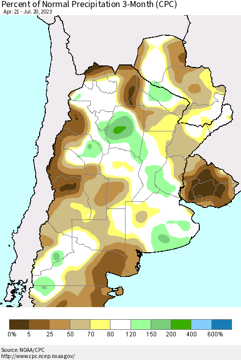 Southern South America Percent of Normal Precipitation 3-Month (CPC) Thematic Map For 4/21/2023 - 7/20/2023