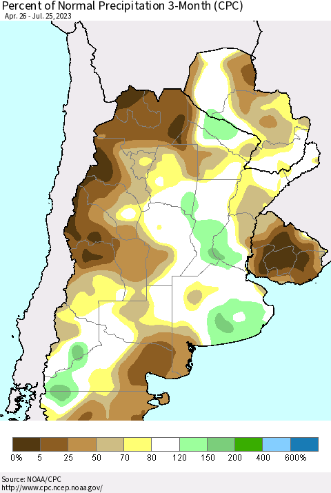 Southern South America Percent of Normal Precipitation 3-Month (CPC) Thematic Map For 4/26/2023 - 7/25/2023