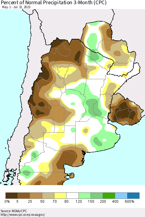 Southern South America Percent of Normal Precipitation 3-Month (CPC) Thematic Map For 5/1/2023 - 7/31/2023