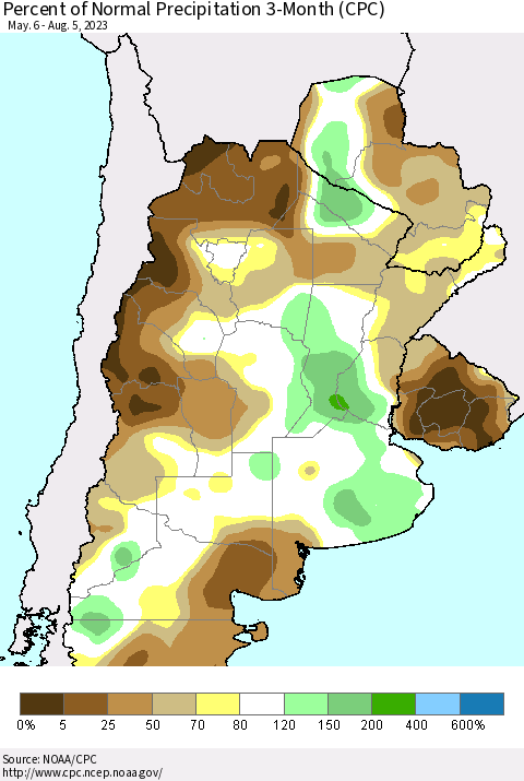 Southern South America Percent of Normal Precipitation 3-Month (CPC) Thematic Map For 5/6/2023 - 8/5/2023
