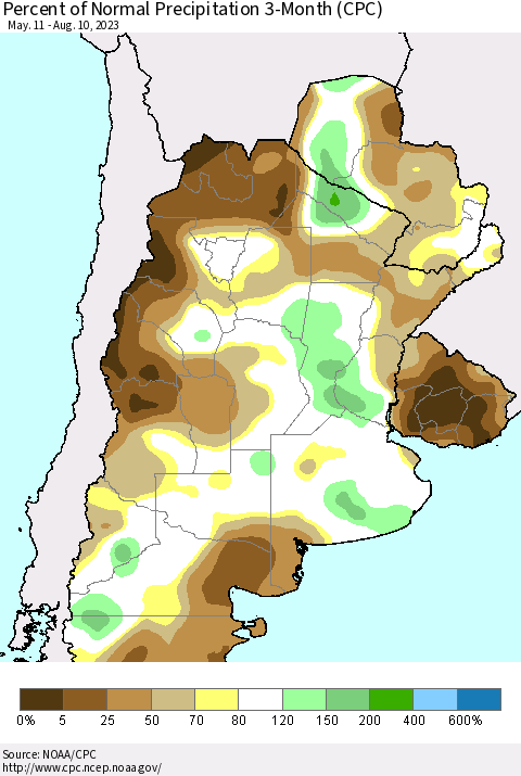 Southern South America Percent of Normal Precipitation 3-Month (CPC) Thematic Map For 5/11/2023 - 8/10/2023