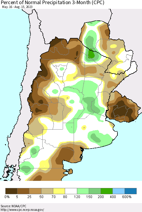 Southern South America Percent of Normal Precipitation 3-Month (CPC) Thematic Map For 5/16/2023 - 8/15/2023