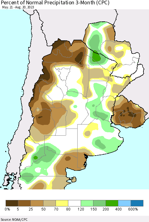 Southern South America Percent of Normal Precipitation 3-Month (CPC) Thematic Map For 5/21/2023 - 8/20/2023