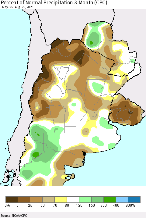Southern South America Percent of Normal Precipitation 3-Month (CPC) Thematic Map For 5/26/2023 - 8/25/2023