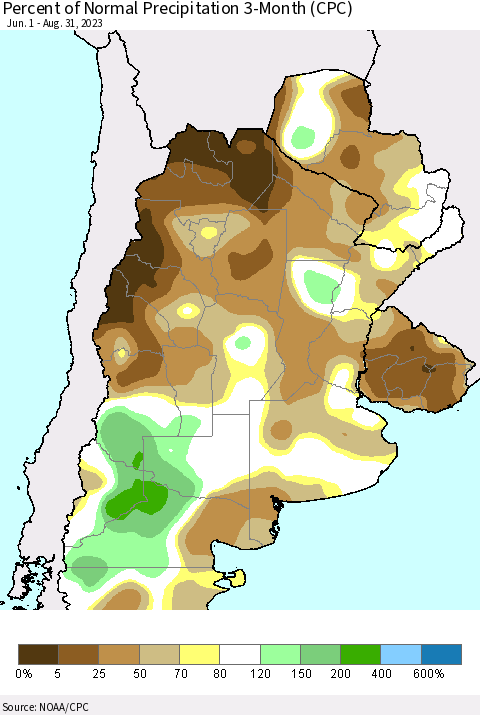 Southern South America Percent of Normal Precipitation 3-Month (CPC) Thematic Map For 6/1/2023 - 8/31/2023