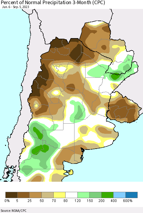 Southern South America Percent of Normal Precipitation 3-Month (CPC) Thematic Map For 6/6/2023 - 9/5/2023