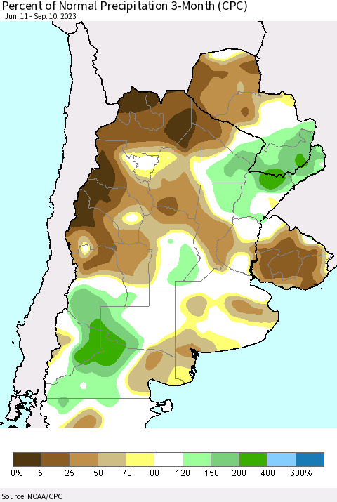 Southern South America Percent of Normal Precipitation 3-Month (CPC) Thematic Map For 6/11/2023 - 9/10/2023