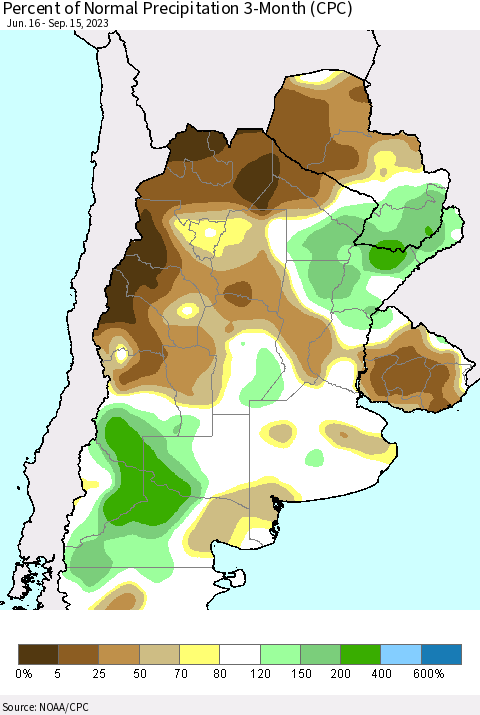 Southern South America Percent of Normal Precipitation 3-Month (CPC) Thematic Map For 6/16/2023 - 9/15/2023