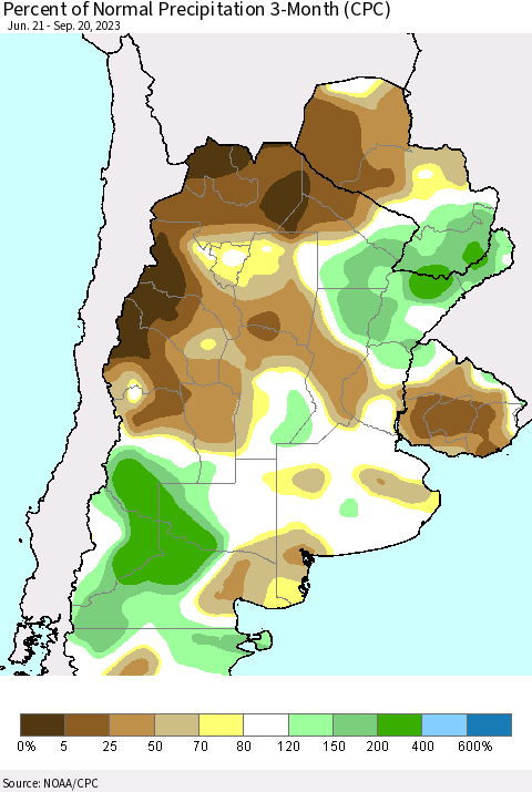 Southern South America Percent of Normal Precipitation 3-Month (CPC) Thematic Map For 6/21/2023 - 9/20/2023