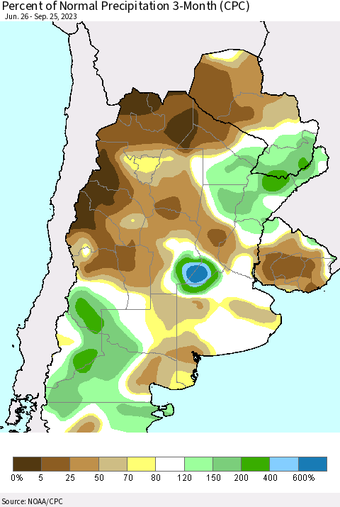 Southern South America Percent of Normal Precipitation 3-Month (CPC) Thematic Map For 6/26/2023 - 9/25/2023