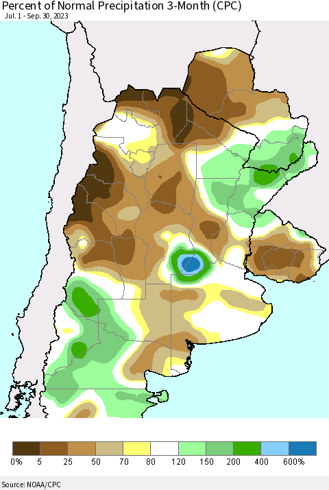 Southern South America Percent of Normal Precipitation 3-Month (CPC) Thematic Map For 7/1/2023 - 9/30/2023