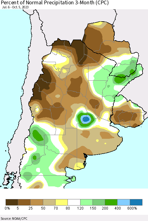 Southern South America Percent of Normal Precipitation 3-Month (CPC) Thematic Map For 7/6/2023 - 10/5/2023