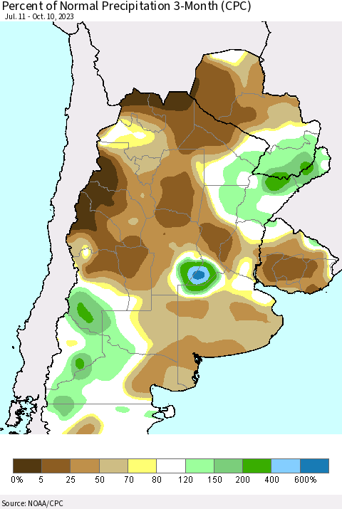 Southern South America Percent of Normal Precipitation 3-Month (CPC) Thematic Map For 7/11/2023 - 10/10/2023