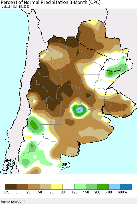Southern South America Percent of Normal Precipitation 3-Month (CPC) Thematic Map For 7/16/2023 - 10/15/2023