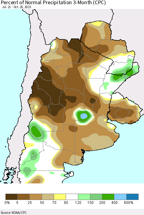 Southern South America Percent of Normal Precipitation 3-Month (CPC) Thematic Map For 7/21/2023 - 10/20/2023